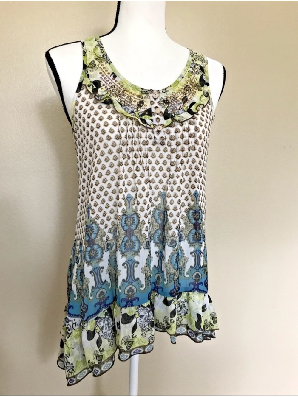 FANG Blue, Green & White Boho Ruffle Hem Tank